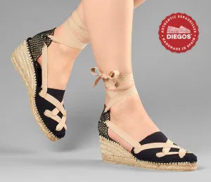 All black Lola high wedge classic laces espadrilles