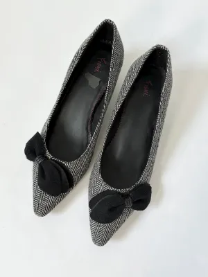 Black Bow Tweed Kitten Heel Pumps (7.5)