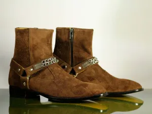 Handmade Men's Brown Suede Madrid Strap Chain Boots, Men Ankle Boots, Men Designer Boots