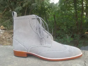 Handmade Men's Gray Suede Wing Tip Brogue Lace Up Boots, Men Ankle Boots, Men Designer Fashion Boots