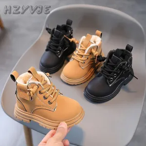 Kids' Winter Thickened Anti-Slip Leather Boots with Side Zipper