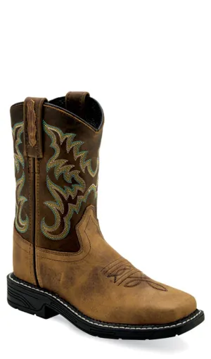 Old West Children Unisex Square Toe Burnt Tan/Rugby Mustard Leather Cowboy Boots 9.5 D