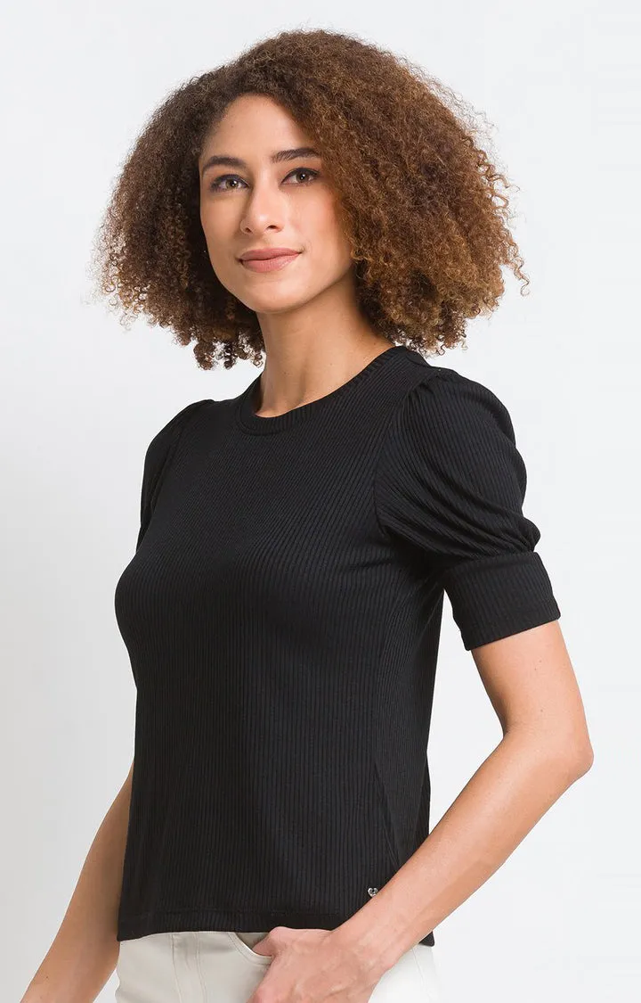 Spykar Black Cotton Blend Three-Fourth Sleeve Plain Casual T-Shirts For Women