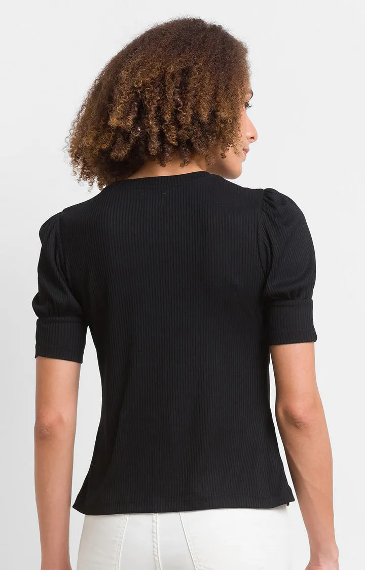 Spykar Black Cotton Blend Three-Fourth Sleeve Plain Casual T-Shirts For Women
