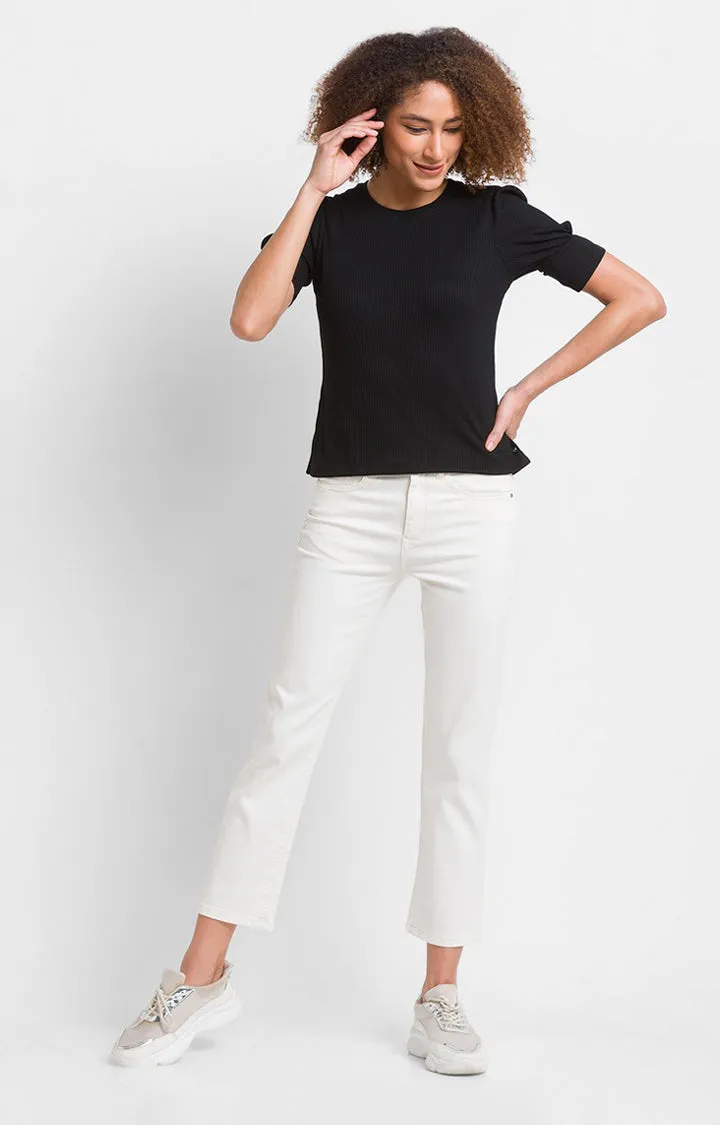 Spykar Black Cotton Blend Three-Fourth Sleeve Plain Casual T-Shirts For Women