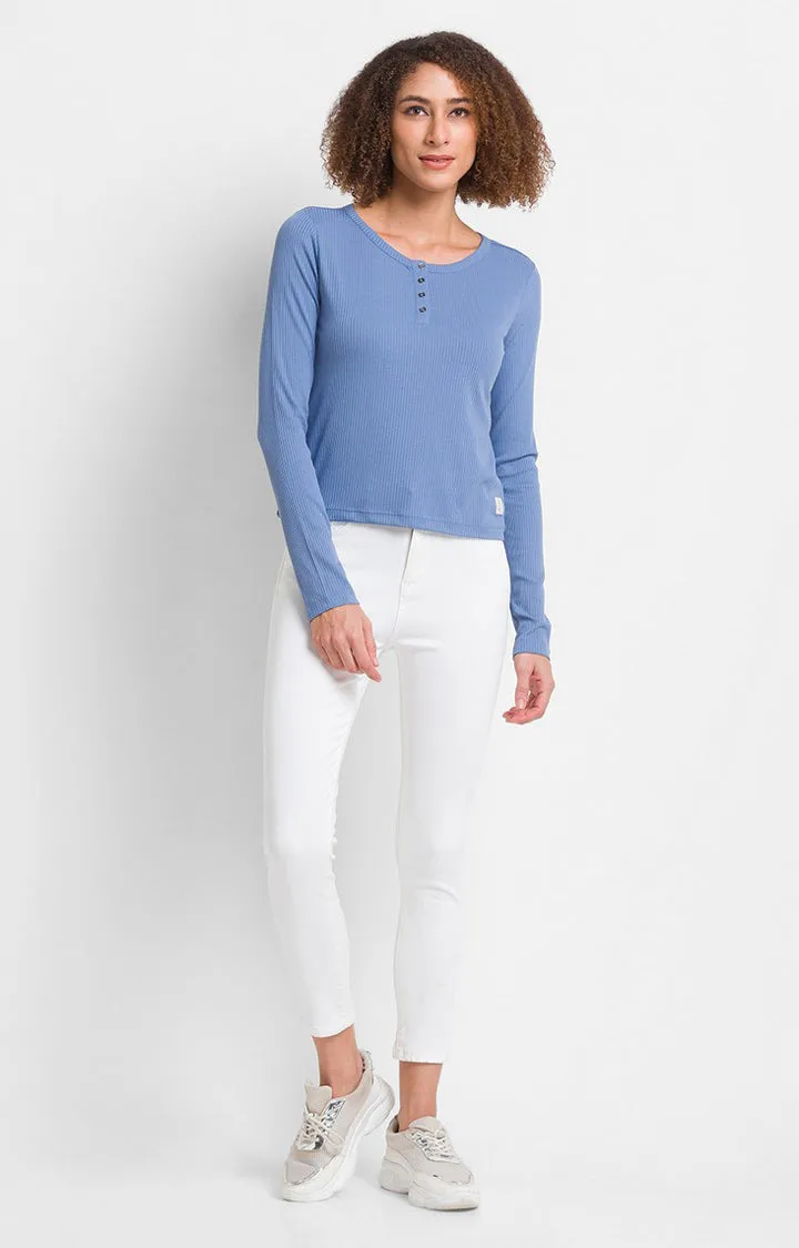 Spykar Infinity Blue Cotton Blend Full Sleeve Plain Casual T-Shirt For Women