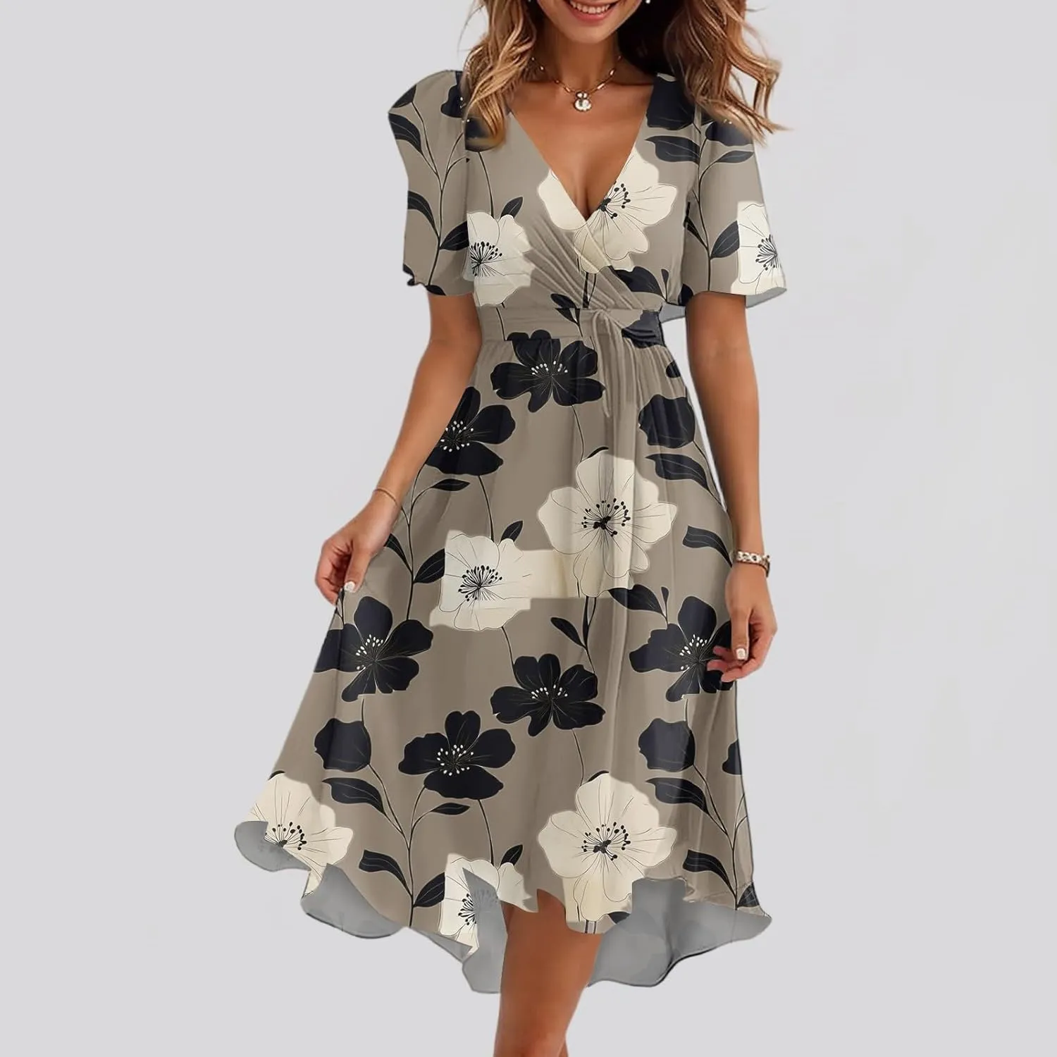 Summer Dresses for Women 2025 Midi Trendy Flowy Swing Short Sleeve V Neck Boho Floral Elegant A Line Dress