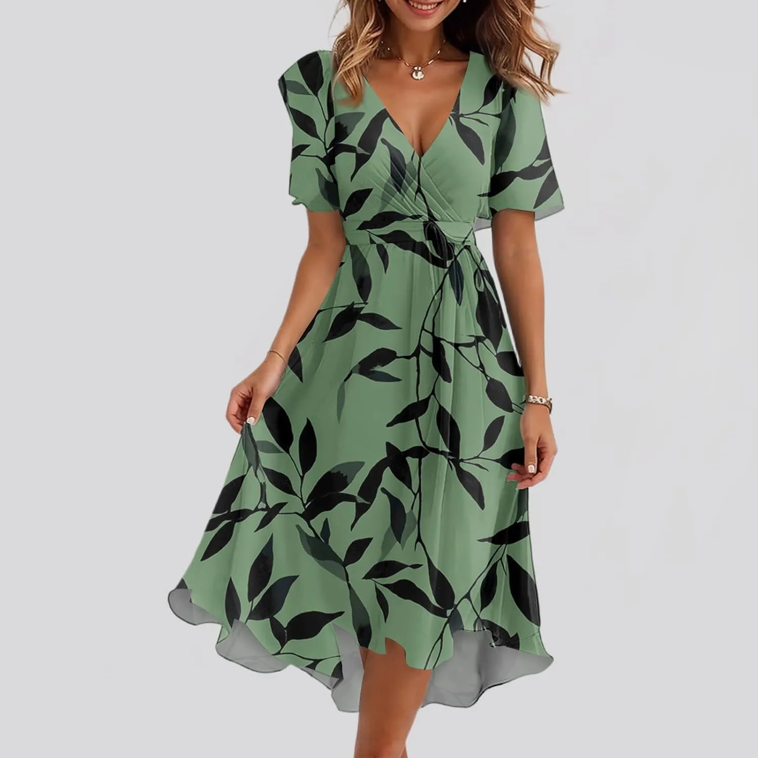 Summer Dresses for Women 2025 Midi Trendy Flowy Swing Short Sleeve V Neck Boho Floral Elegant A Line Dress