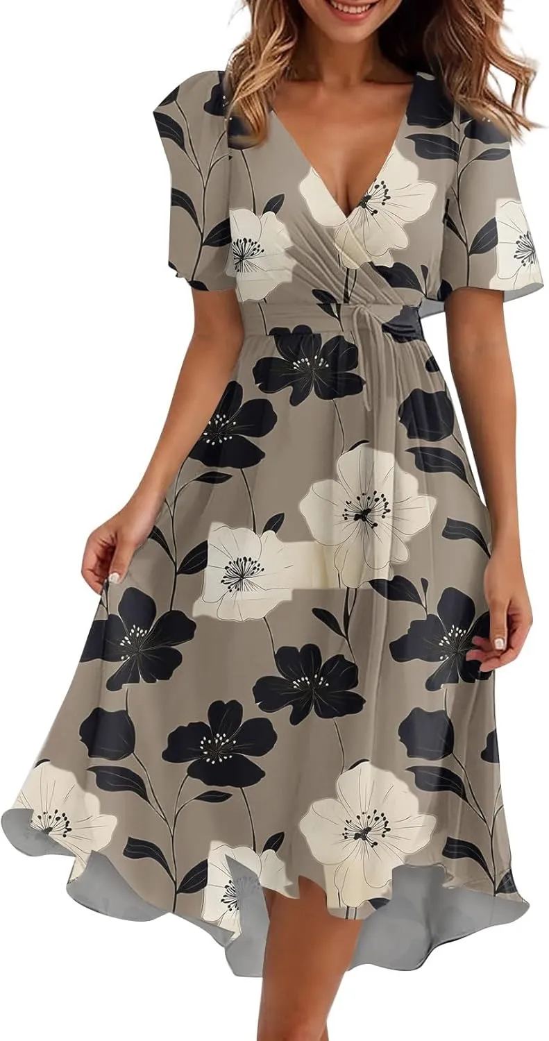 Summer Dresses for Women 2025 Midi Trendy Flowy Swing Short Sleeve V Neck Boho Floral Elegant A Line Dress