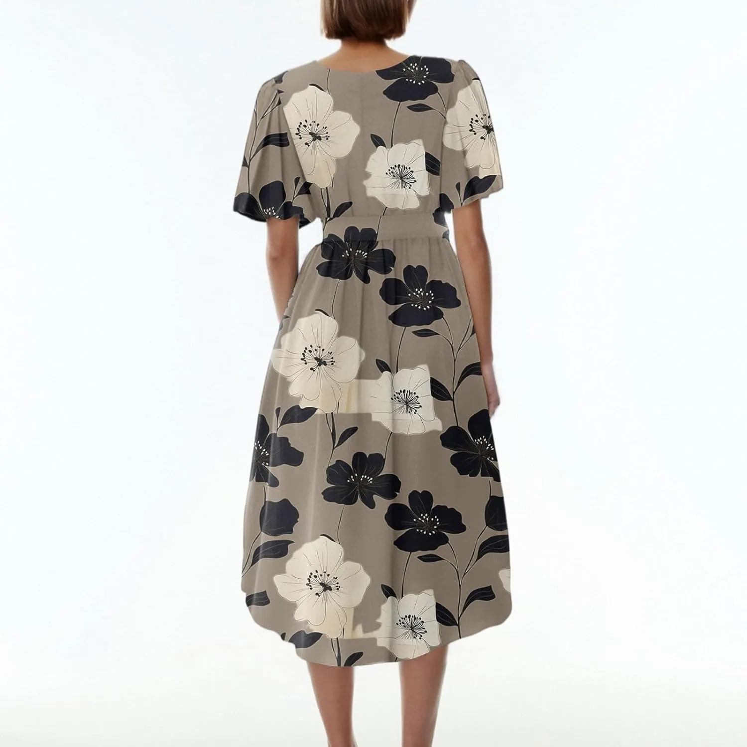 Summer Dresses for Women 2025 Midi Trendy Flowy Swing Short Sleeve V Neck Boho Floral Elegant A Line Dress