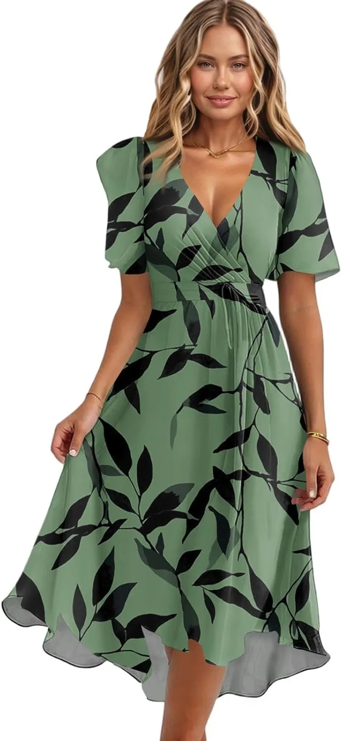 Summer Dresses for Women 2025 Midi Trendy Flowy Swing Short Sleeve V Neck Boho Floral Elegant A Line Dress