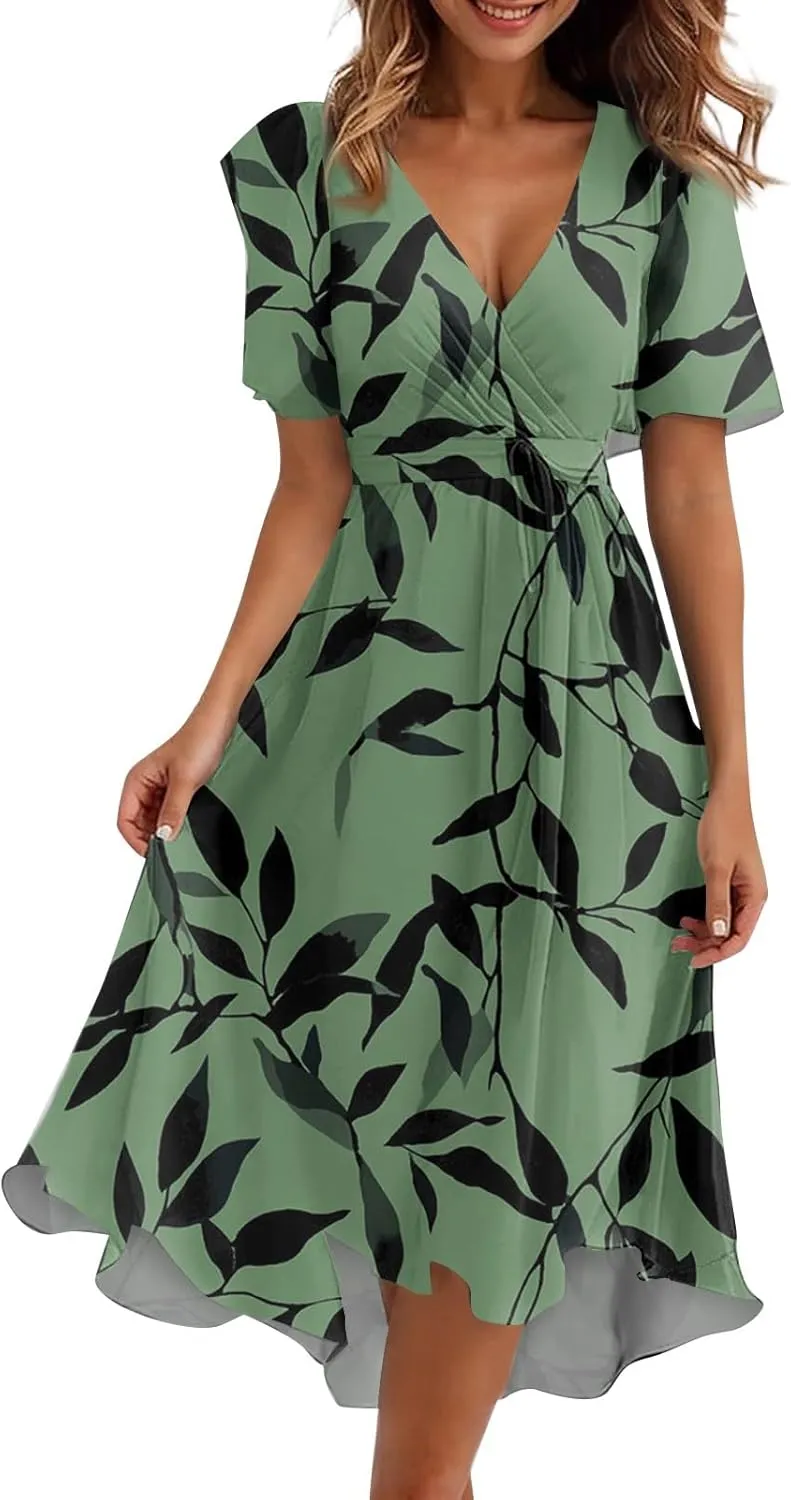 Summer Dresses for Women 2025 Midi Trendy Flowy Swing Short Sleeve V Neck Boho Floral Elegant A Line Dress