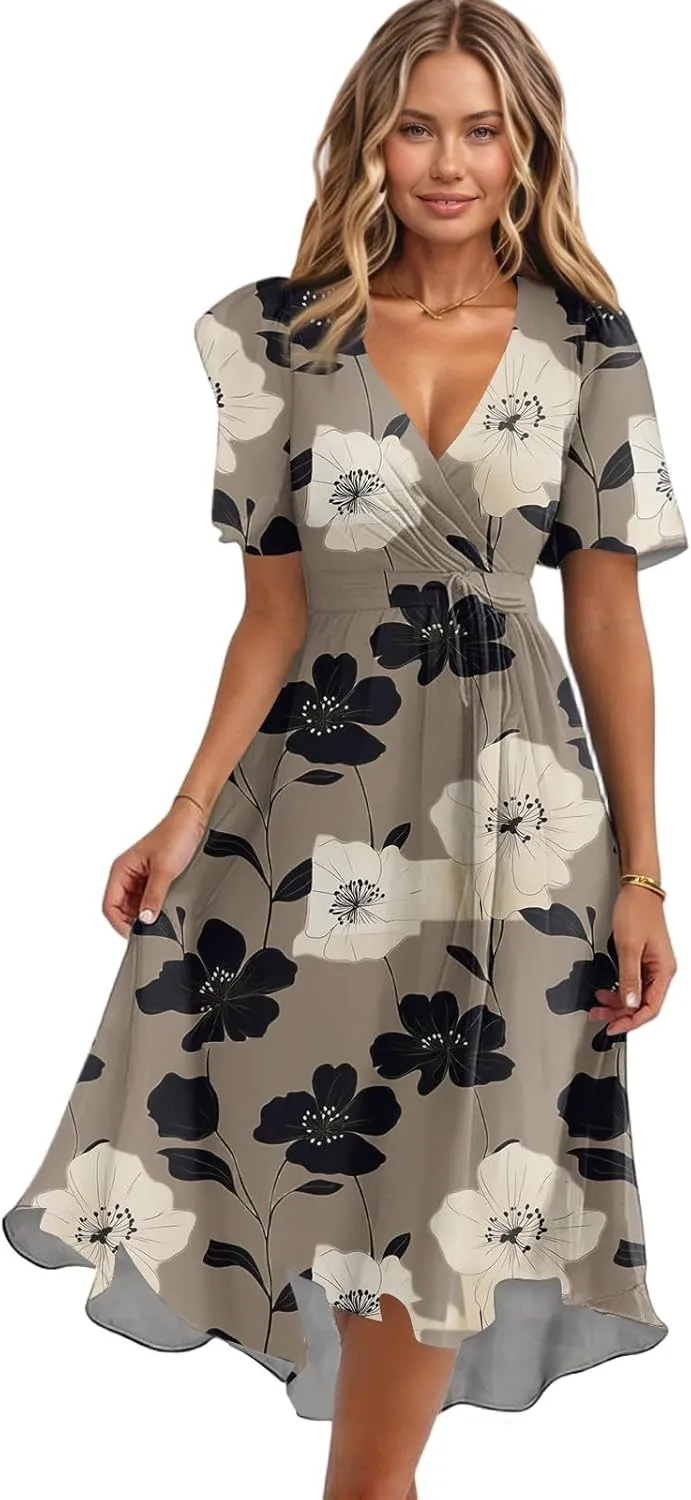 Summer Dresses for Women 2025 Midi Trendy Flowy Swing Short Sleeve V Neck Boho Floral Elegant A Line Dress
