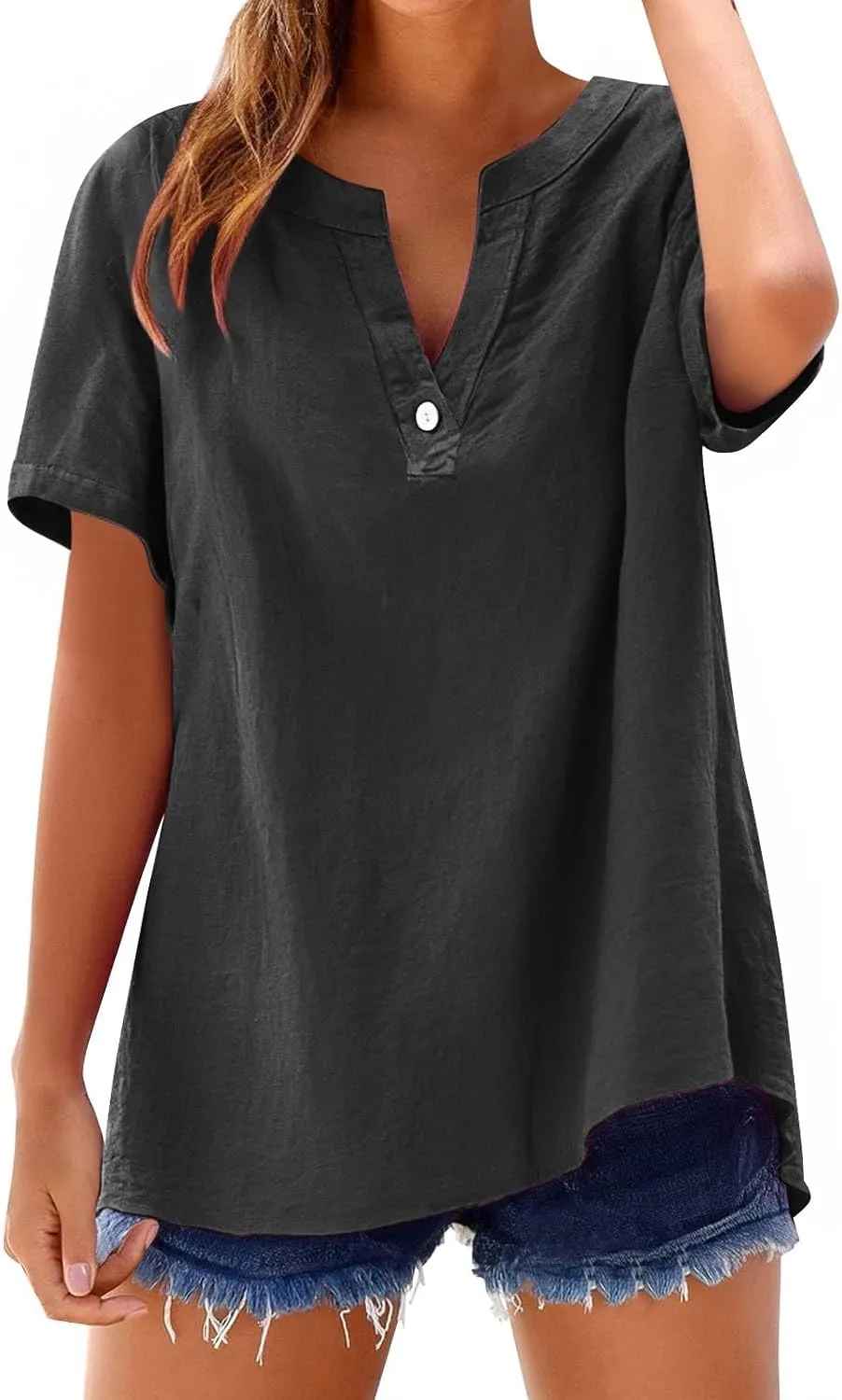 Summer Tops for Women 2025 Casual Cotton Linen Shirts Short Sleeve Solid Color Blouses Loose Work Tops with Pockets
