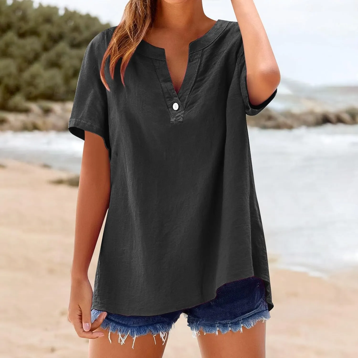 Summer Tops for Women 2025 Casual Cotton Linen Shirts Short Sleeve Solid Color Blouses Loose Work Tops with Pockets