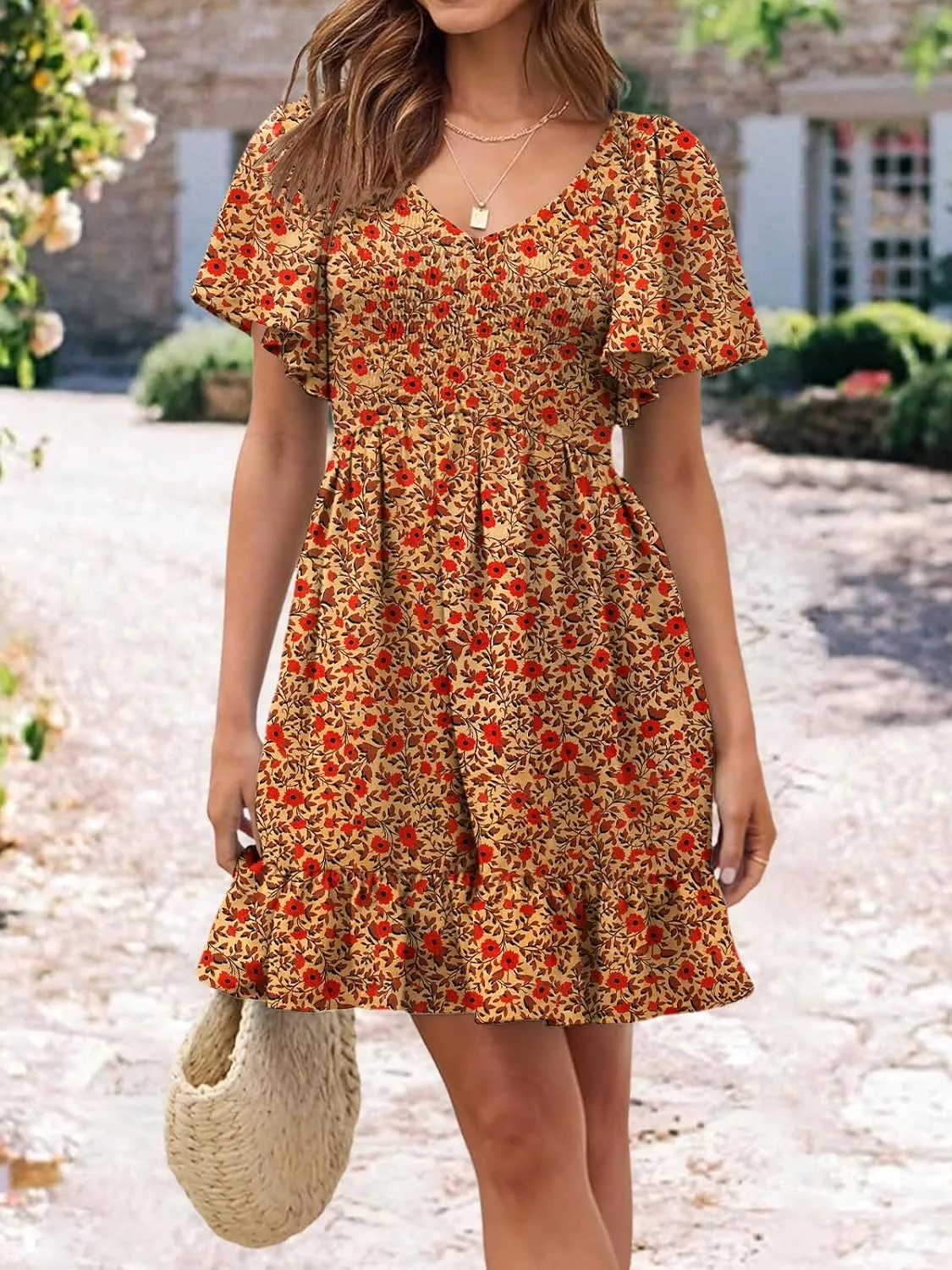 Womens Cute Floral Smocked V Neck Flutter Sleeve Sundress with Pockets Casual Spring Summer Dresses for Women 2025