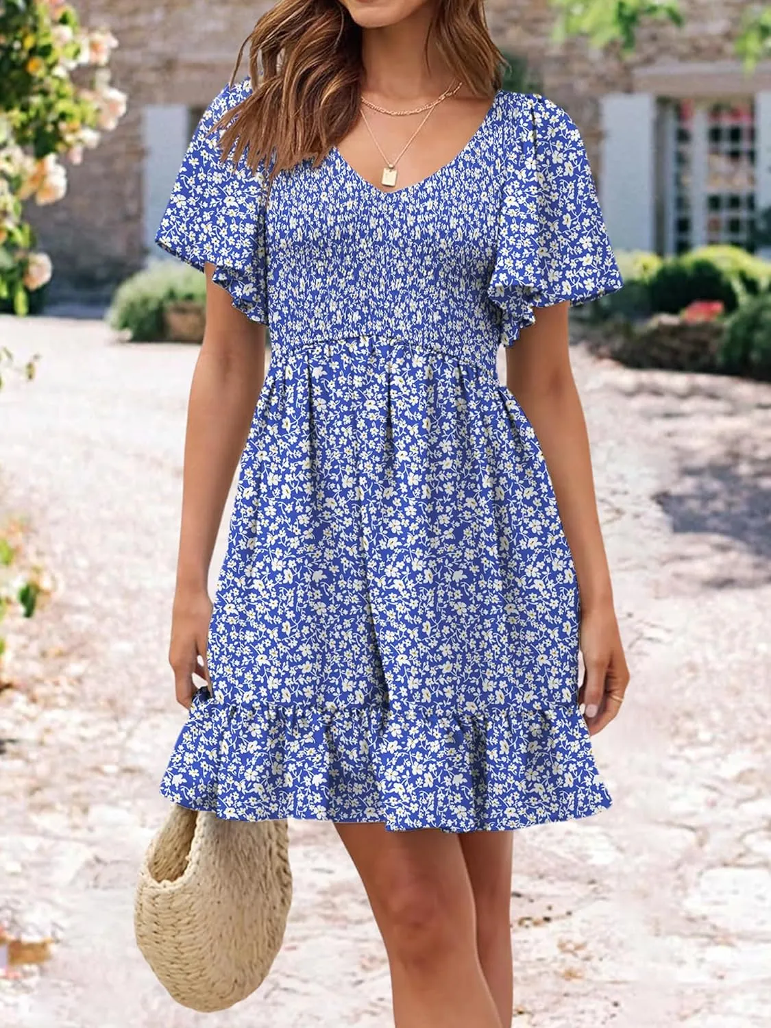 Womens Cute Floral Smocked V Neck Flutter Sleeve Sundress with Pockets Casual Spring Summer Dresses for Women 2025