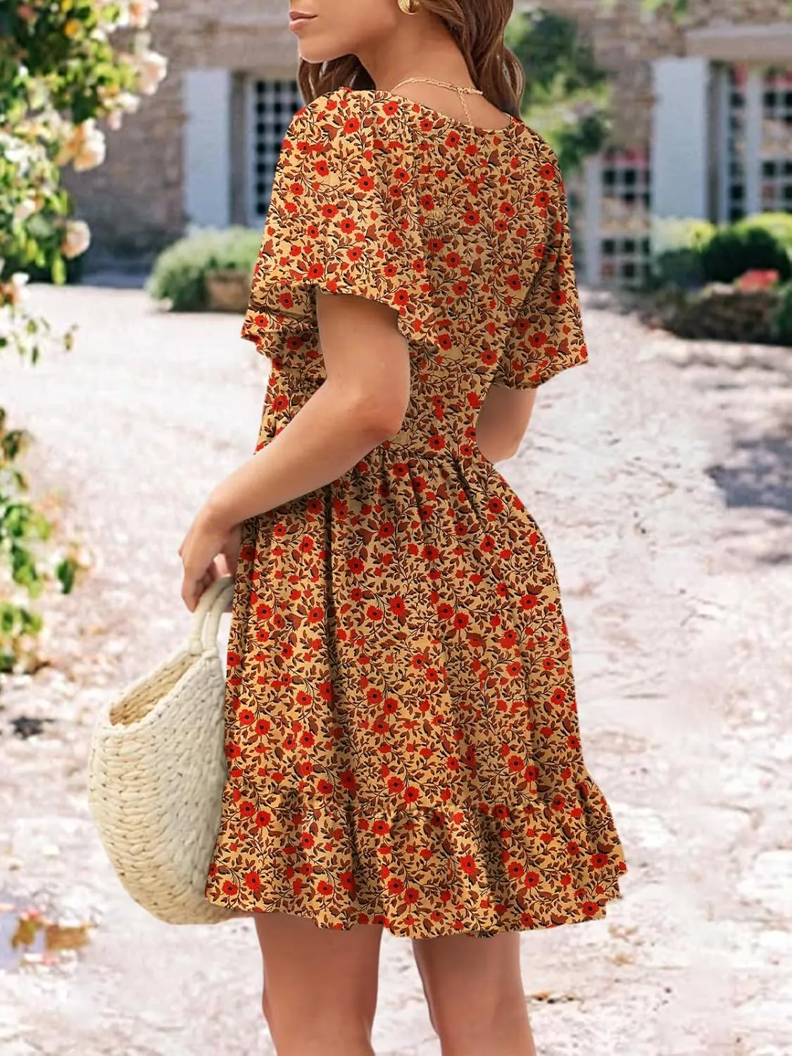 Womens Cute Floral Smocked V Neck Flutter Sleeve Sundress with Pockets Casual Spring Summer Dresses for Women 2025