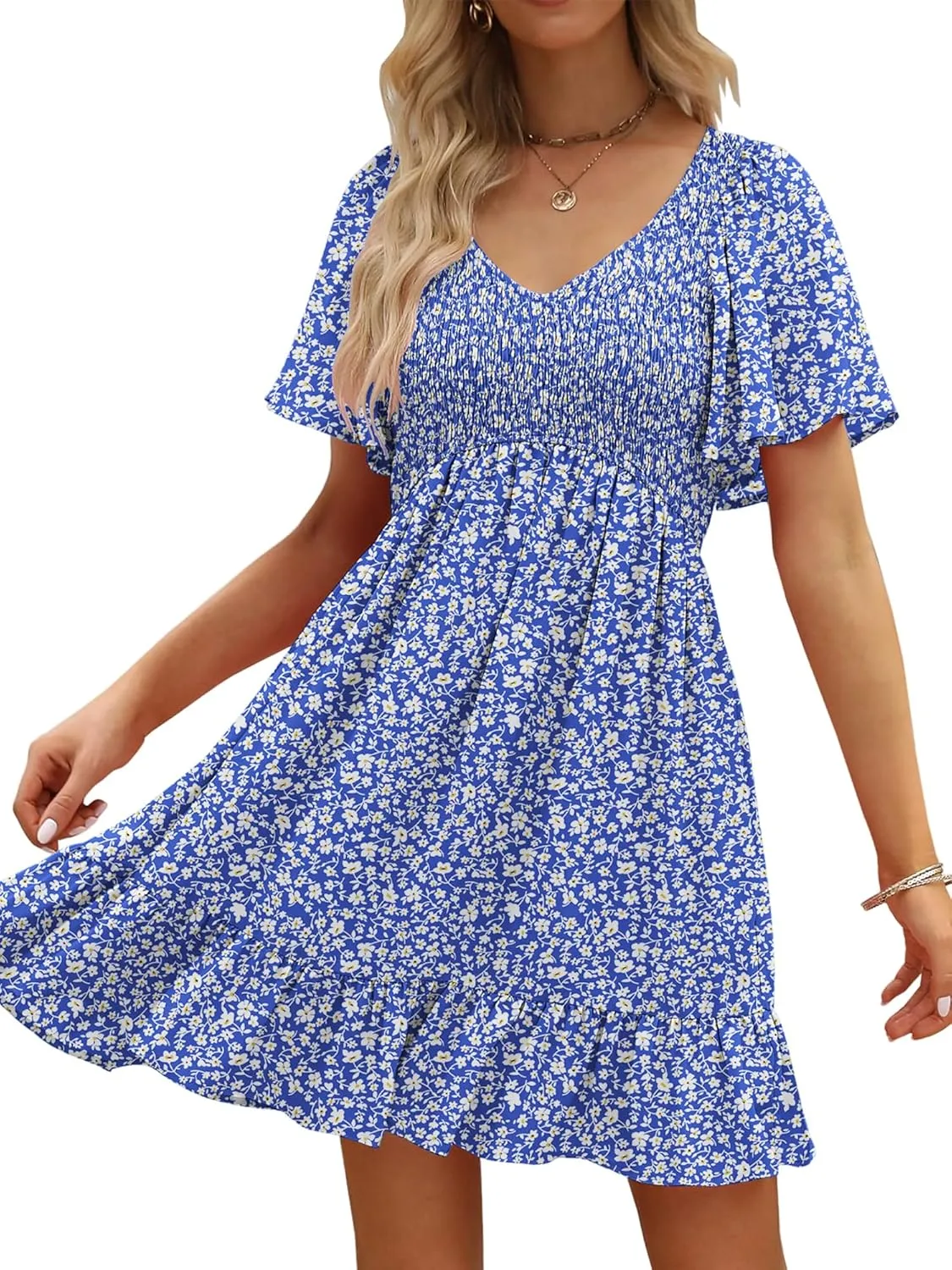 Womens Cute Floral Smocked V Neck Flutter Sleeve Sundress with Pockets Casual Spring Summer Dresses for Women 2025