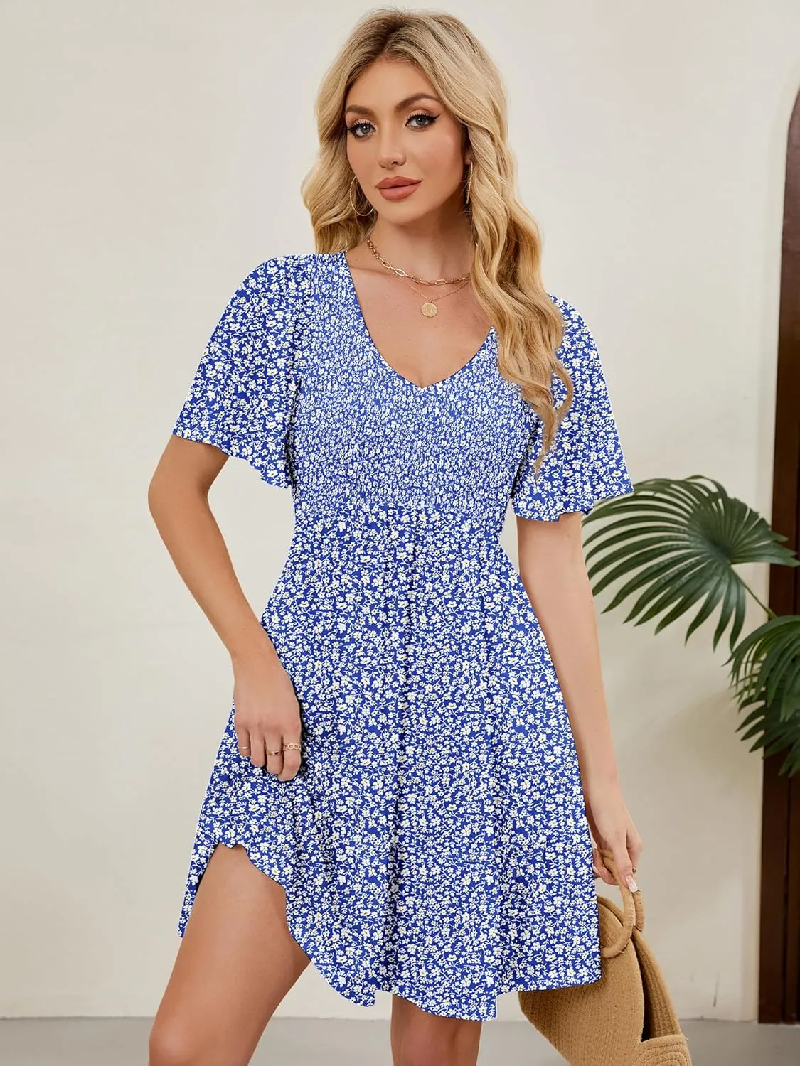 Womens Cute Floral Smocked V Neck Flutter Sleeve Sundress with Pockets Casual Spring Summer Dresses for Women 2025