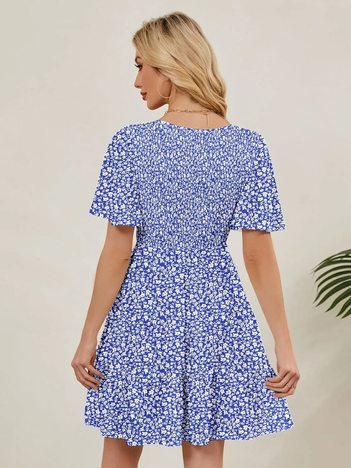 Womens Cute Floral Smocked V Neck Flutter Sleeve Sundress with Pockets Casual Spring Summer Dresses for Women 2025