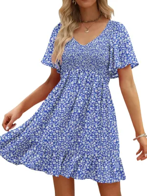 Womens Cute Floral Smocked V Neck Flutter Sleeve Sundress with Pockets Casual Spring Summer Dresses for Women 2025