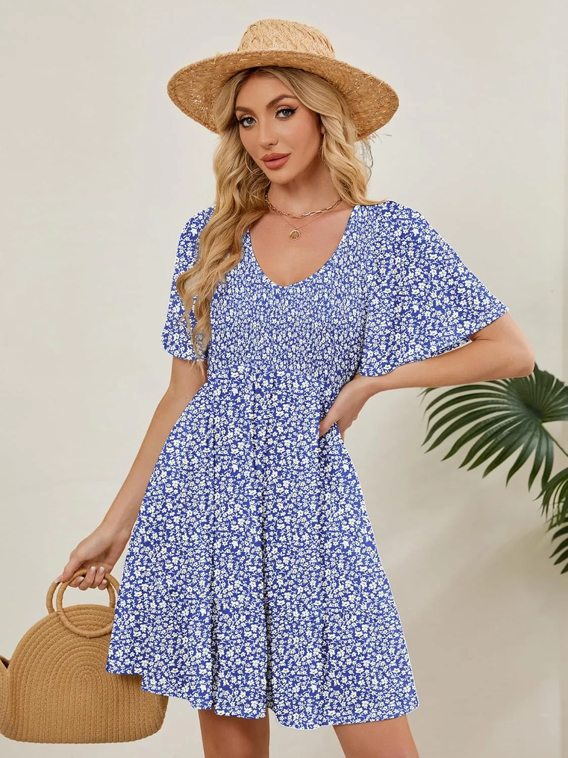 Womens Cute Floral Smocked V Neck Flutter Sleeve Sundress with Pockets Casual Spring Summer Dresses for Women 2025