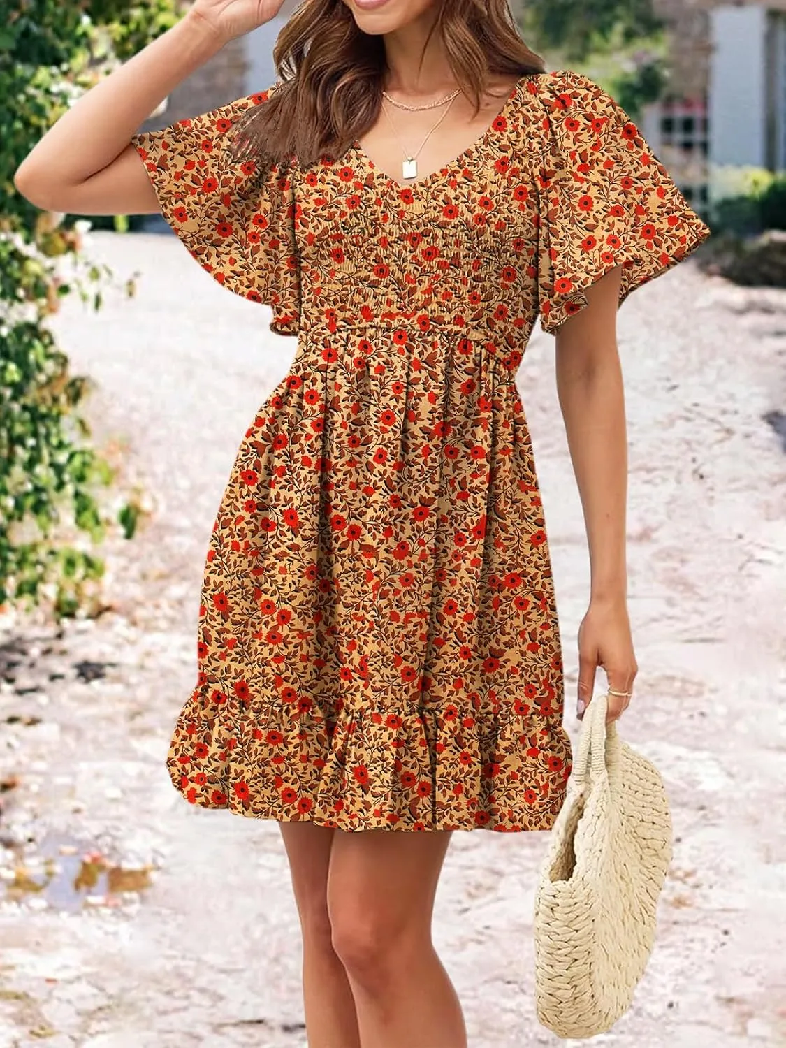 Womens Cute Floral Smocked V Neck Flutter Sleeve Sundress with Pockets Casual Spring Summer Dresses for Women 2025