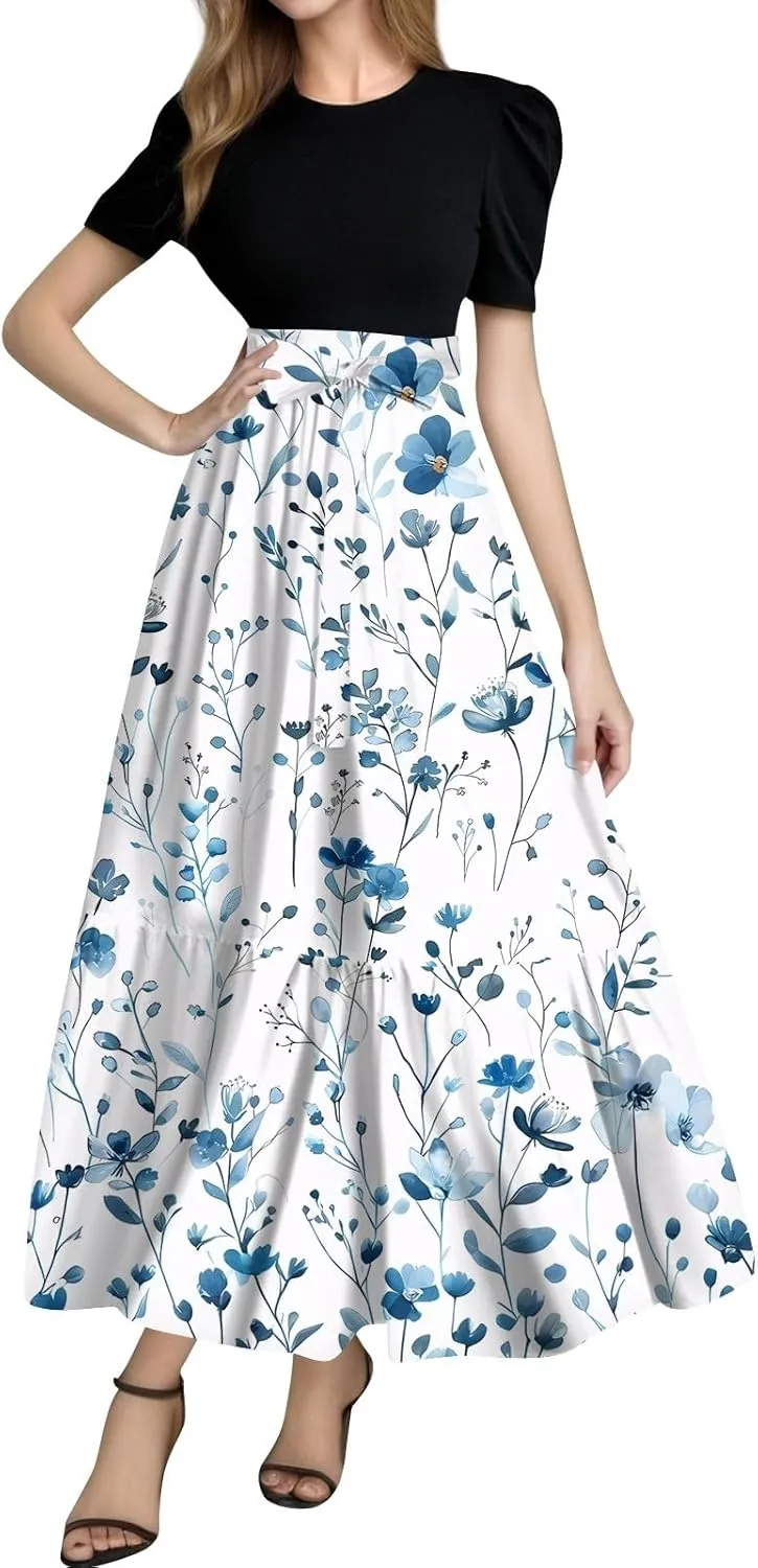 Women's Sun Dresses 2025 Elegant Short Sleeve Crewneck Floral Patchwork Long Flowy Bohemian Beach Dress