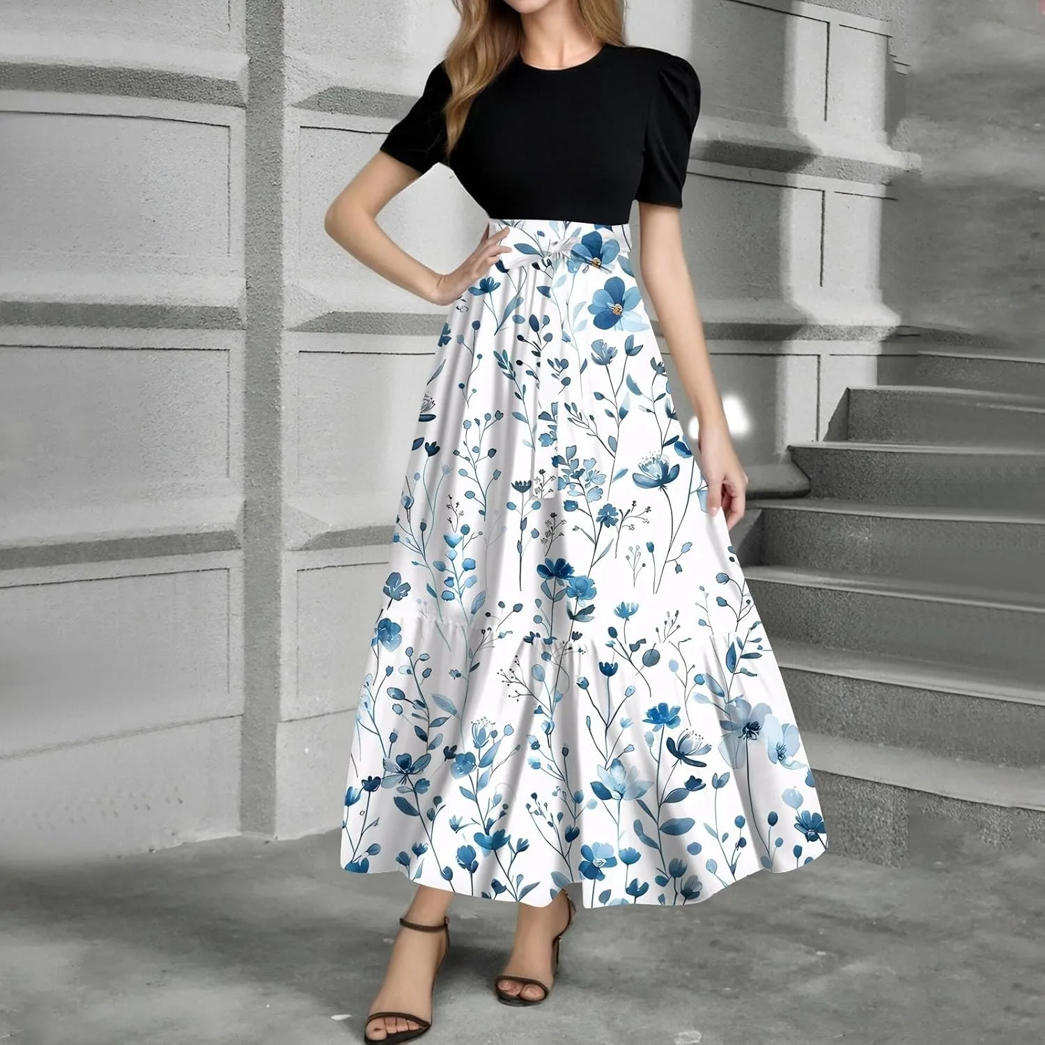 Women's Sun Dresses 2025 Elegant Short Sleeve Crewneck Floral Patchwork Long Flowy Bohemian Beach Dress