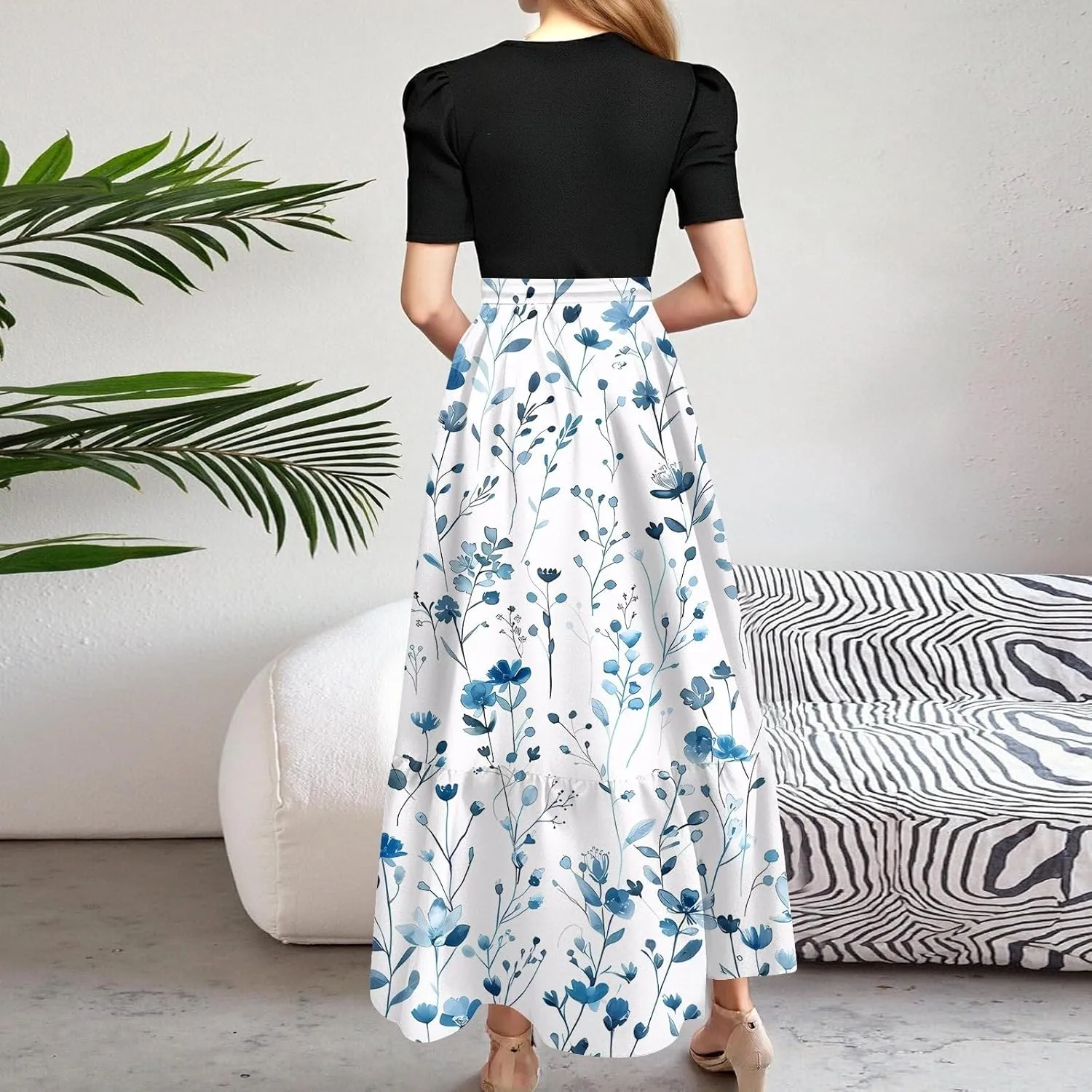 Women's Sun Dresses 2025 Elegant Short Sleeve Crewneck Floral Patchwork Long Flowy Bohemian Beach Dress